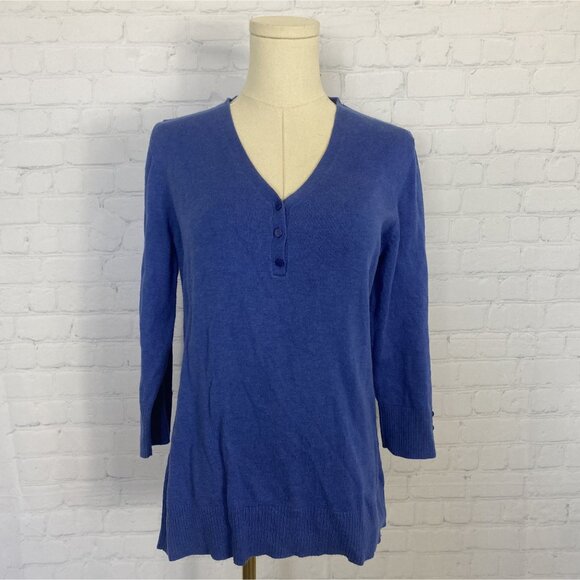 CLEARANCE Jessica Medium Cobalt Blue Henley Cotton Blend Sweater - Picture 1 of 7